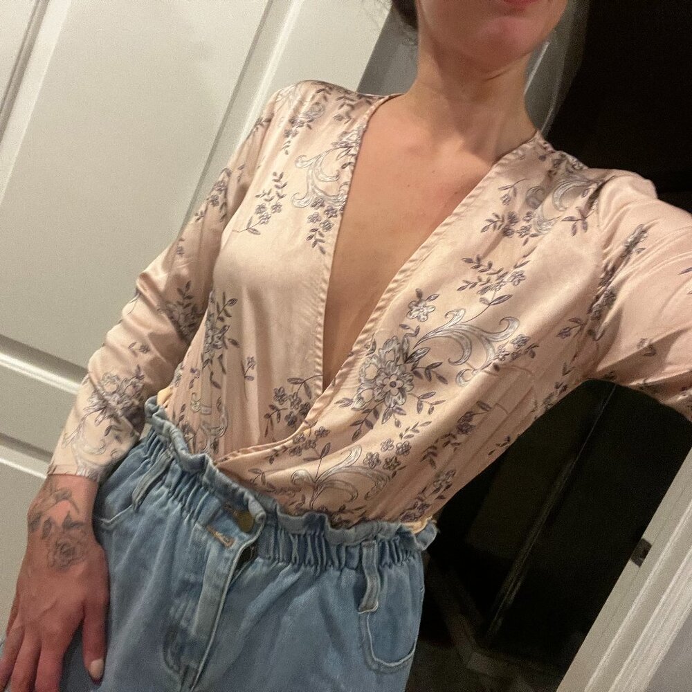 Beautiful Floral Satin Bodysuit Blouse